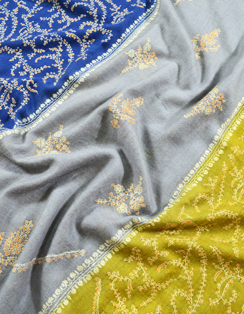 Yellow Blue And Grey Pashmina Embroidery Shawl 7704