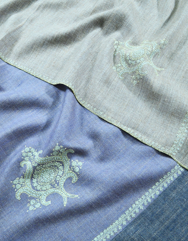 Light Blue And Grey Reversible Embroidery Pashmina Shawl 7739