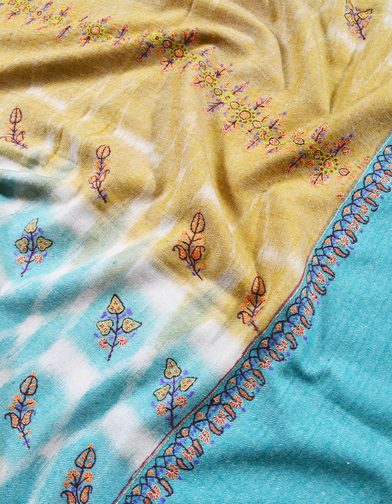 sky blue and yellow Embroidery Pashmina Shawl 7748