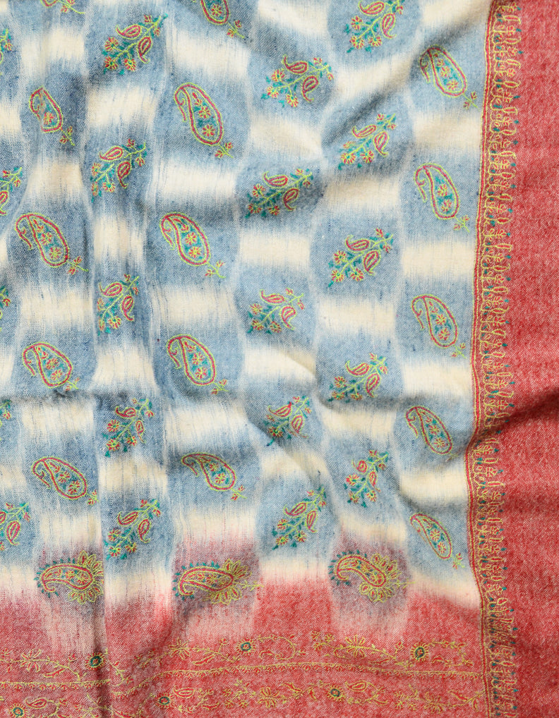 Red and blue check Embroidery Pashmina Shawl 7754
