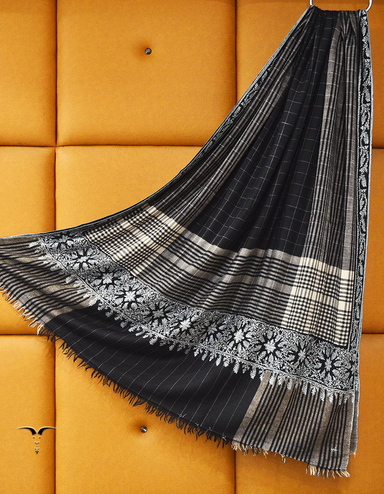black check Men Embroidery Pashmina Shawl 7864