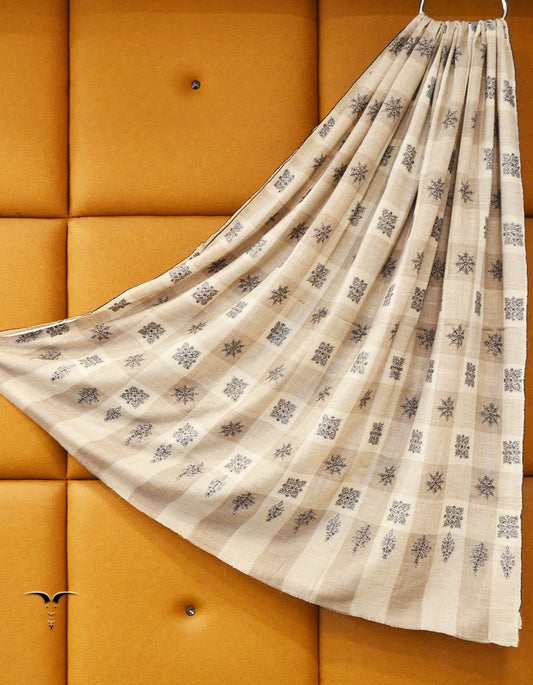 white and natural check Men booti Embroidery Pashmina Shawl 7865