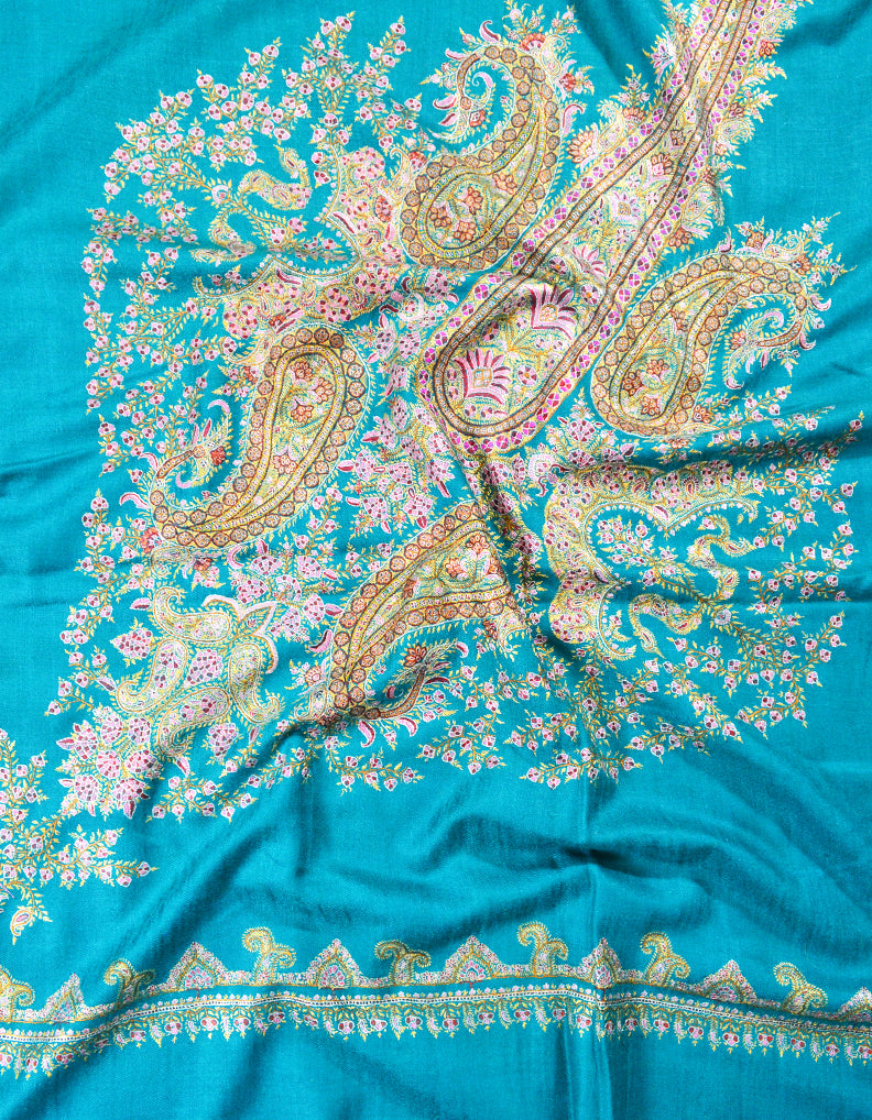 turquoise embroidery GI pashmina shawl 7879