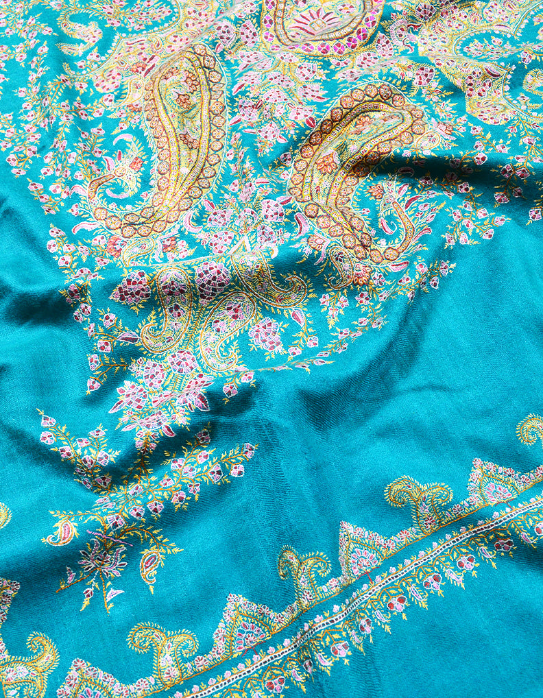 turquoise embroidery GI pashmina shawl 7879
