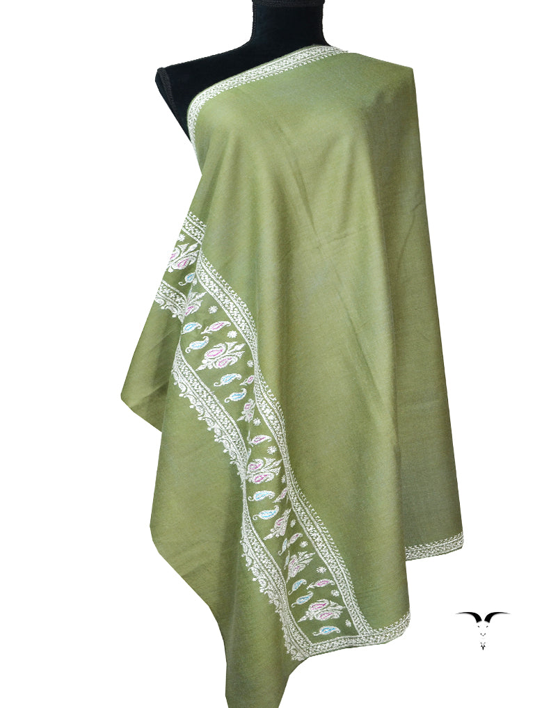 greyish green tilla embroidery pashmina shawl 7909