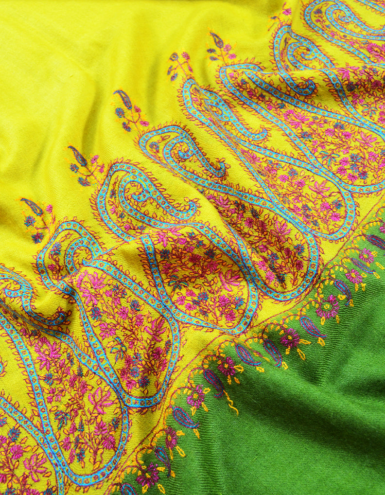 yellow and green embroidery pashmina stole 7964