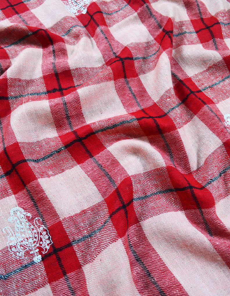 red check embroidery pashmina stole 7965