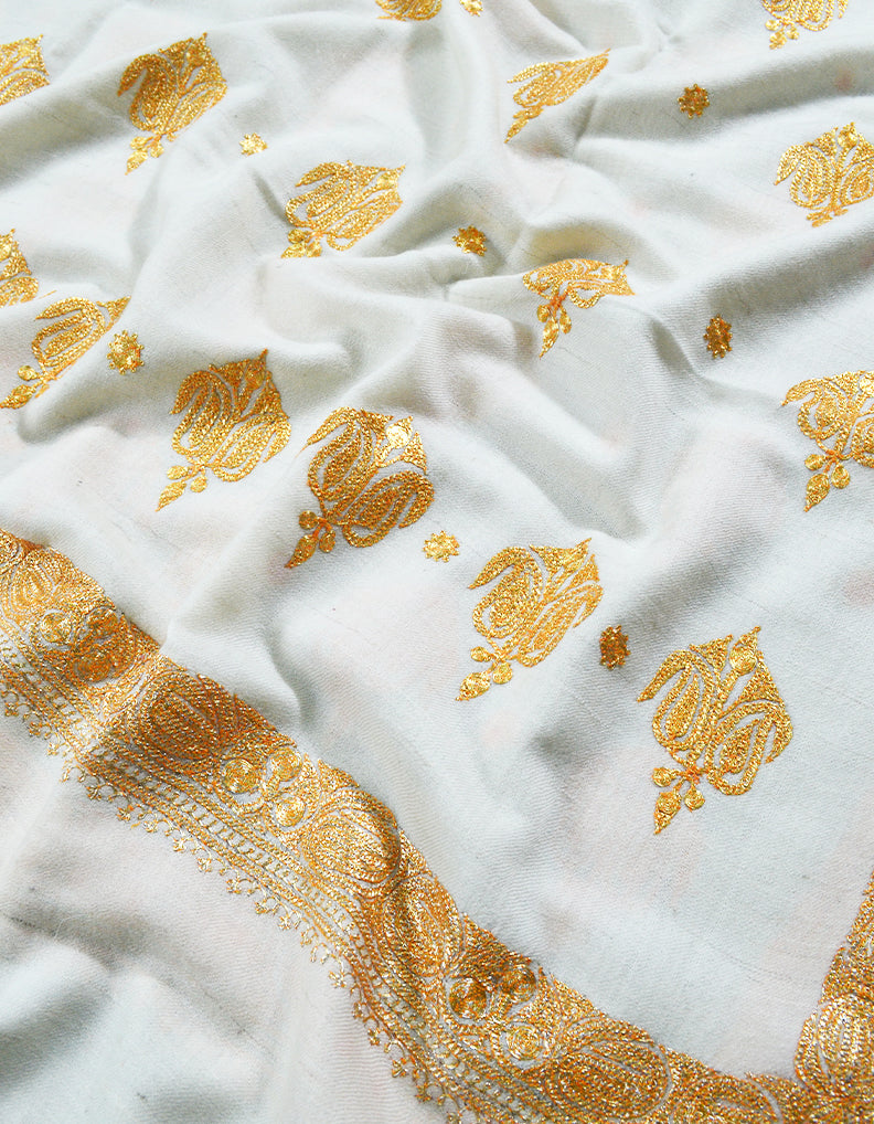white tilla Embroidery Pashmina Shawl 8108