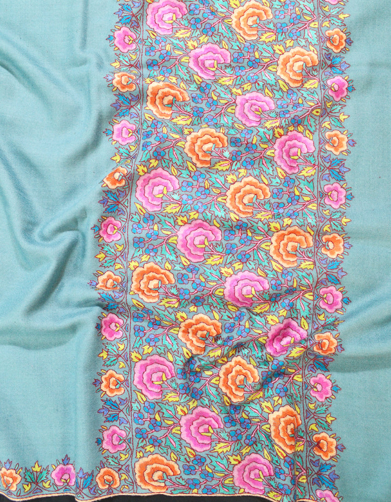 aqua greenish-blue embroidery pashmina shawl 8190
