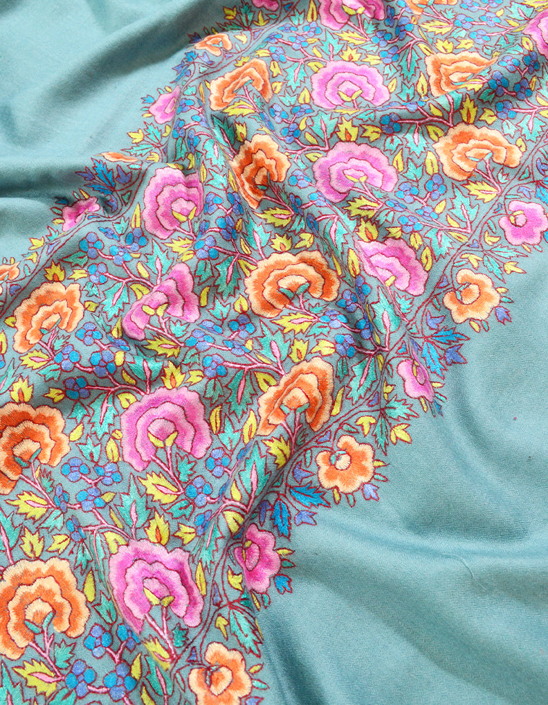 aqua greenish-blue embroidery pashmina shawl 8190