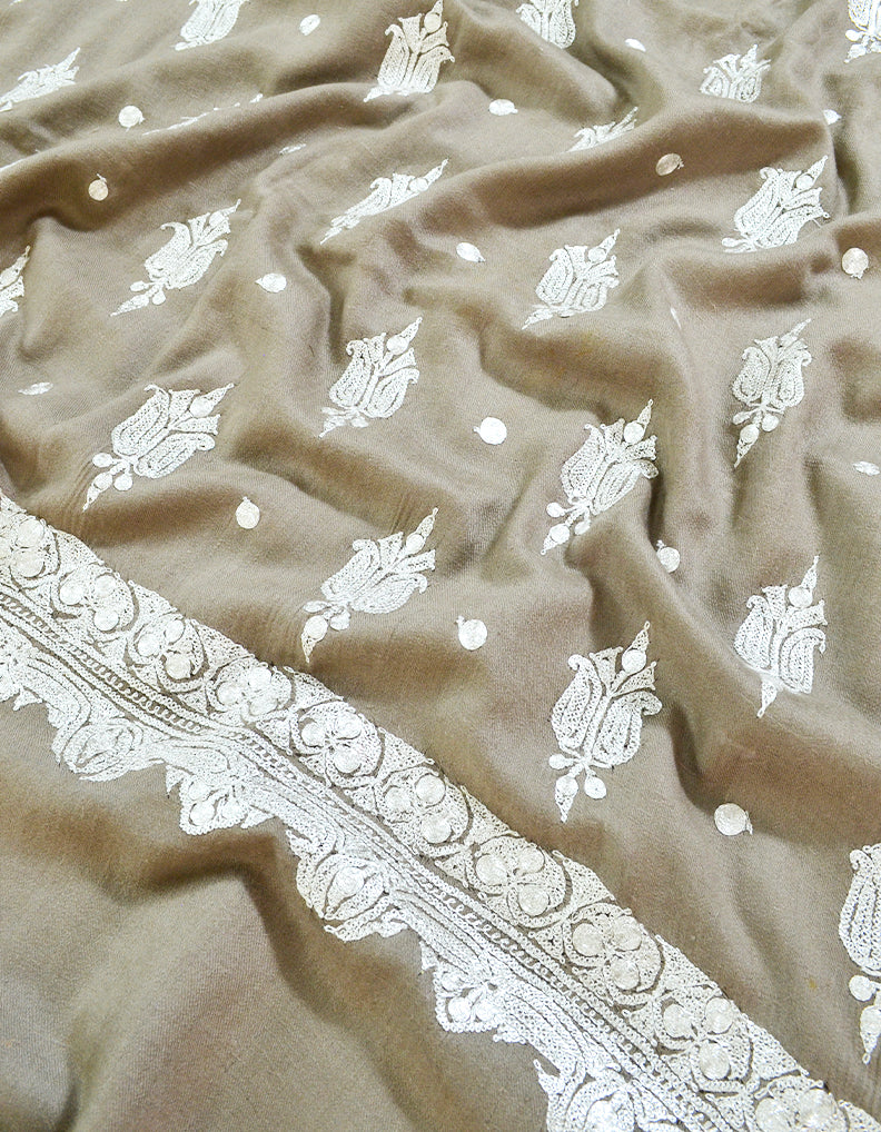 greyish natural tilla embroidery pashmina shawl 8208