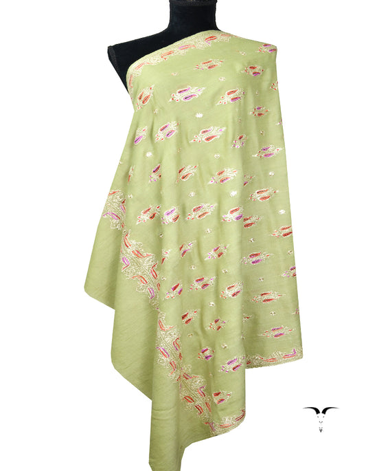 pear green tilla embroidery pashmina shawl 8219