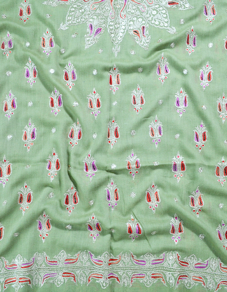 pear green tilla embroidery pashmina shawl 8219