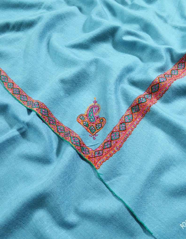 turquoise silk embroidery pashmina shawl 8239