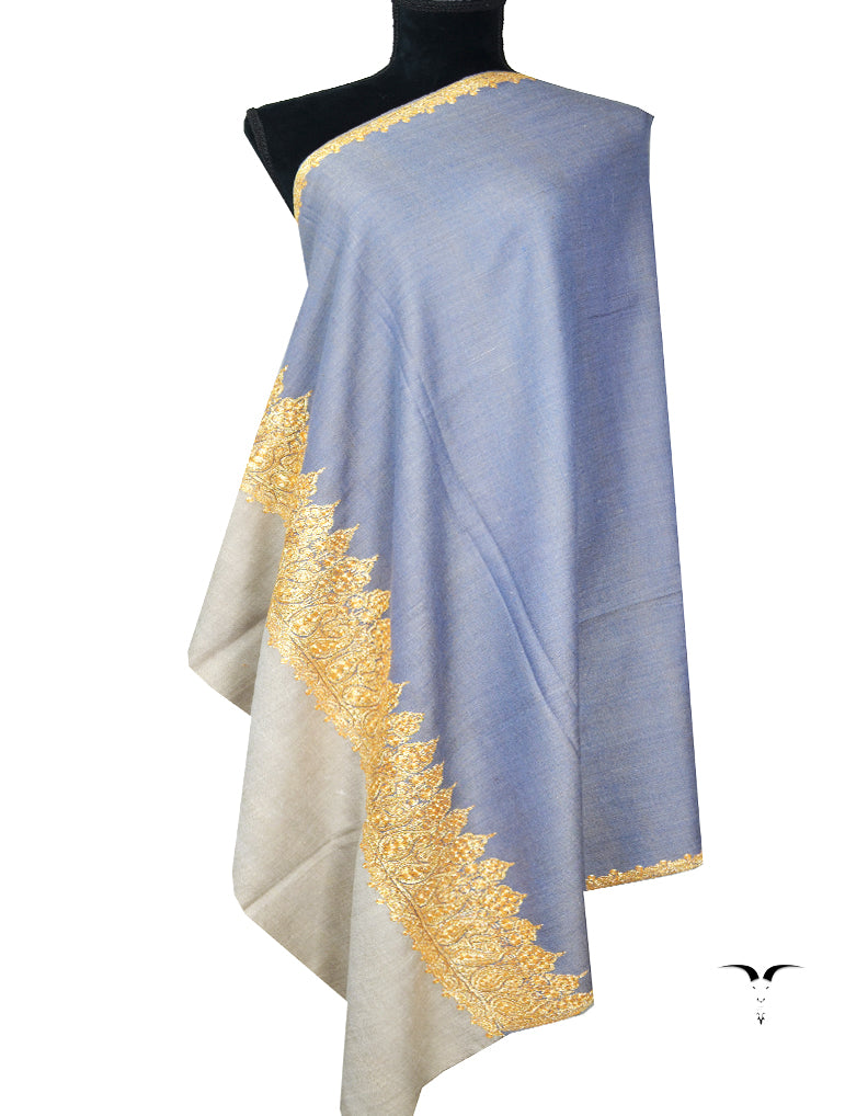 blue and natural tilla embroidery pashmina shawl 8249