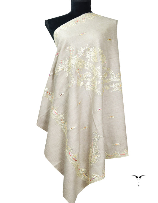 greyish natural tilla embroidery pashmina shawl 8416
