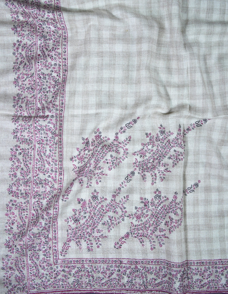 off-white creamy checkered embroidery pashmina shawl 8753