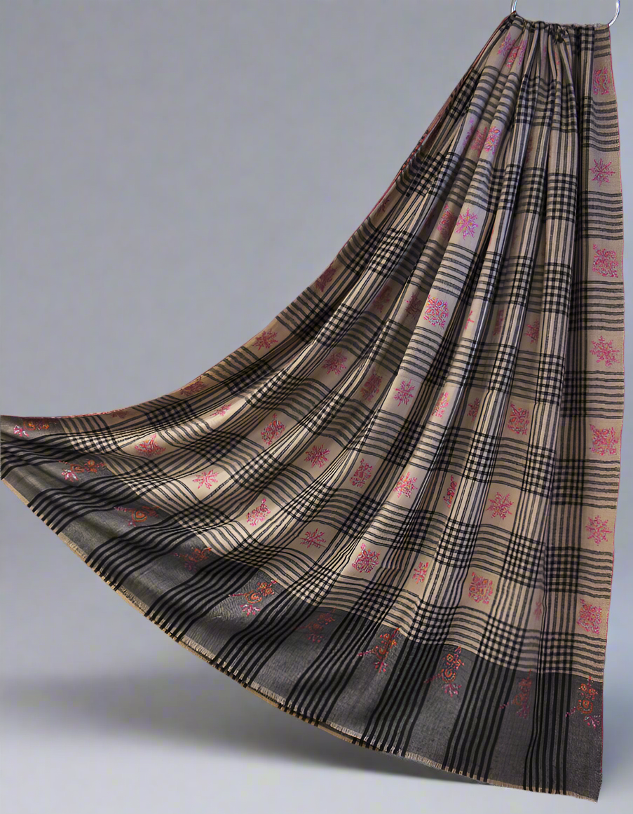 black and natural checked and striped XL butis silk embroidery Gi pashmina shawl 8877