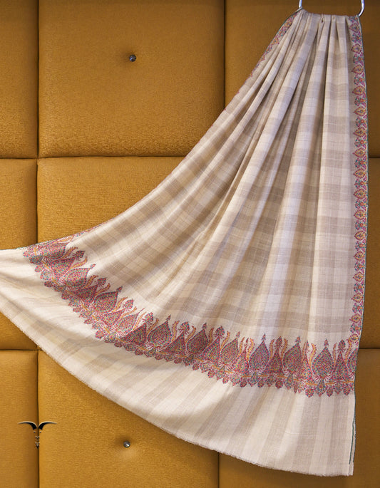 creamy-white and natural check XL embroidery pashmina shawl 8864