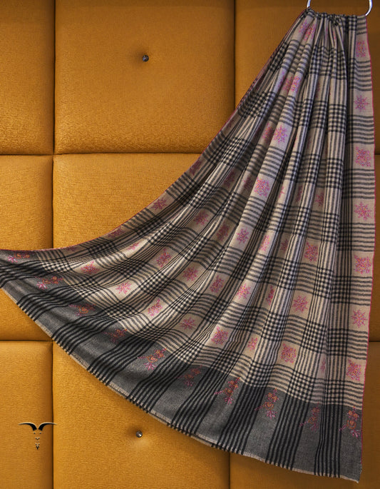 black and natural checked and striped XL butis silk embroidery Gi pashmina shawl 8877