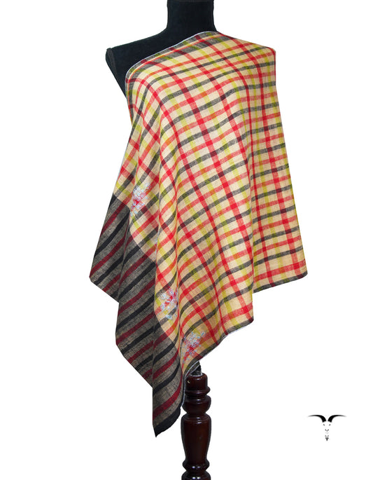multi-coloured checked and striped GI embroidery pashmina stole 8935
