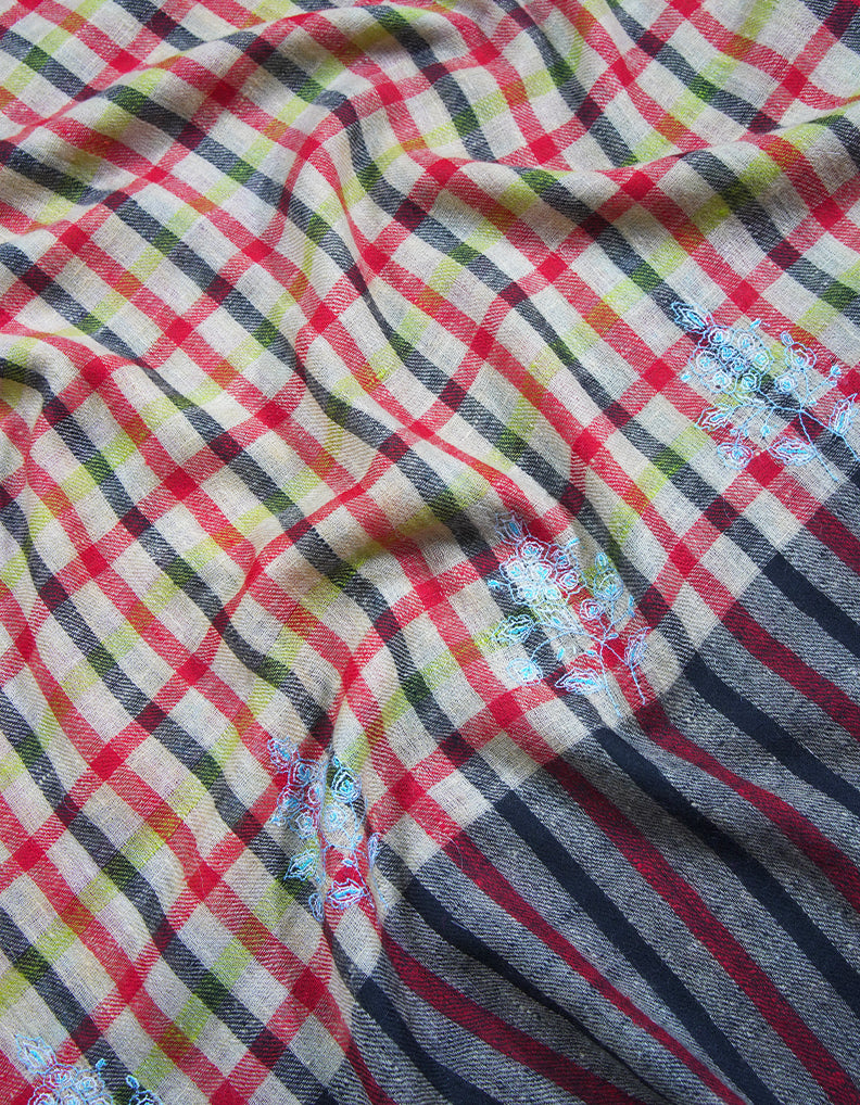 multi-coloured checked and striped GI embroidery pashmina stole 8935