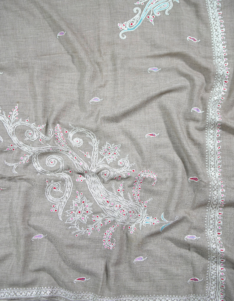 light natural tilla embroidery pashmina shawl 9064