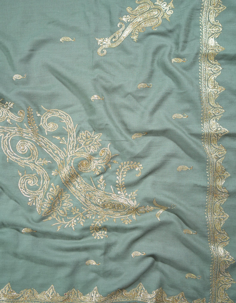 sage green tilla embroidery pashmina shawl 9108