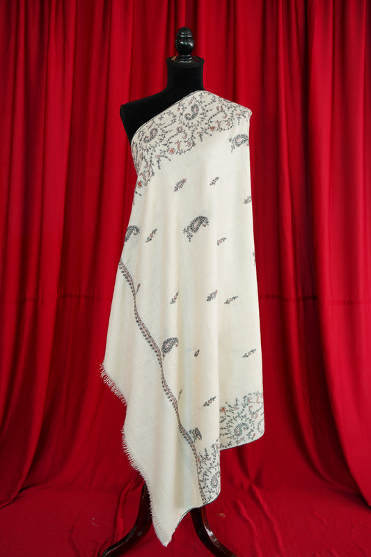 whisper white butis embroidery GI pashmina shawl 9252