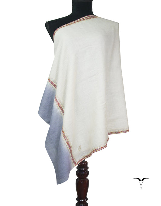 pure white and pigeon blue tilla embroidery pashmina stole 9332