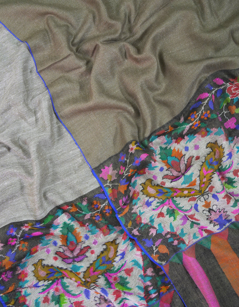 natural browny and silver reversible XL kani palla pashmina shawl 9335