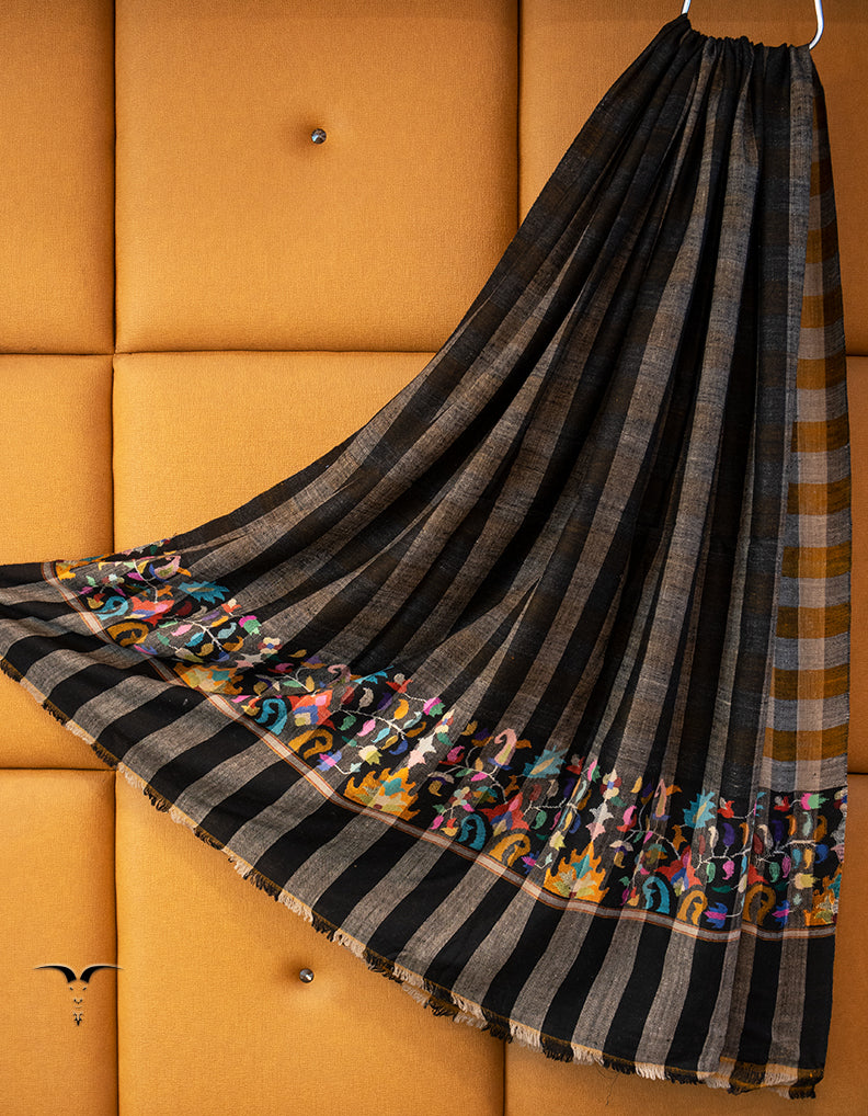 black and yellow striped and checked XL reversible kani palla shawl 9404