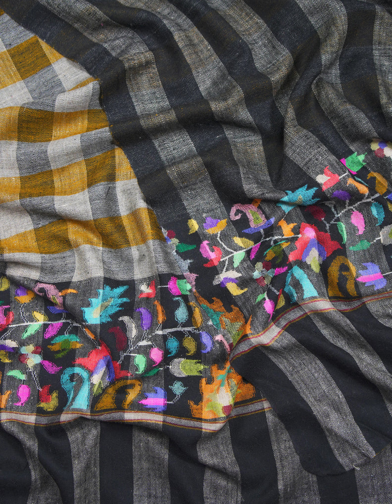 black and yellow striped and checked XL reversible kani palla shawl 9404