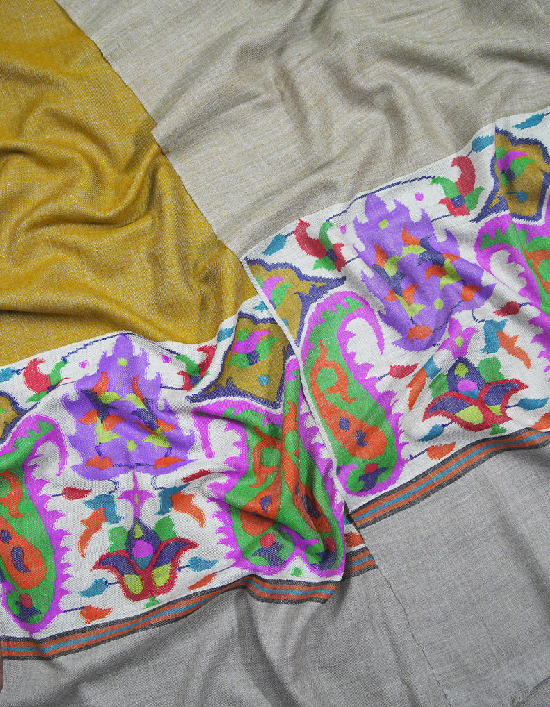 natural and mustard yellow XL reversible kani palla shawl 9405