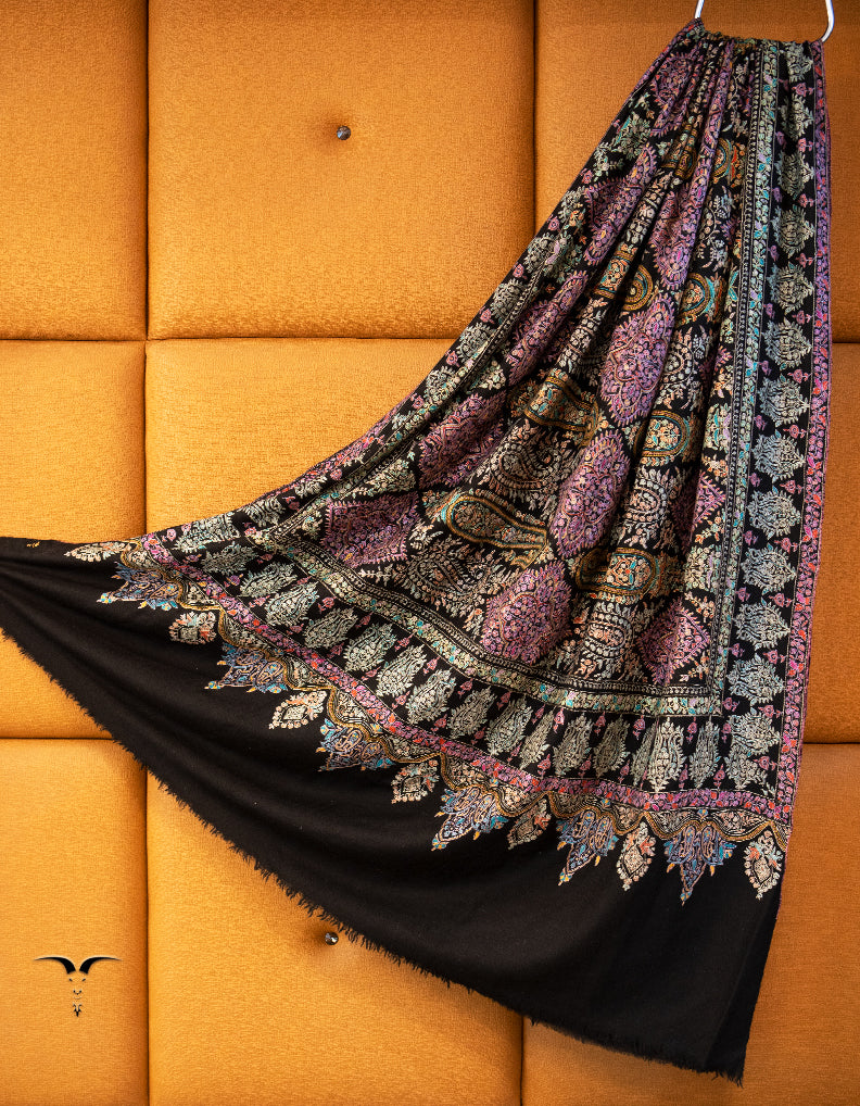 jet black mens XL GI embroidery pashmina shawl 9406