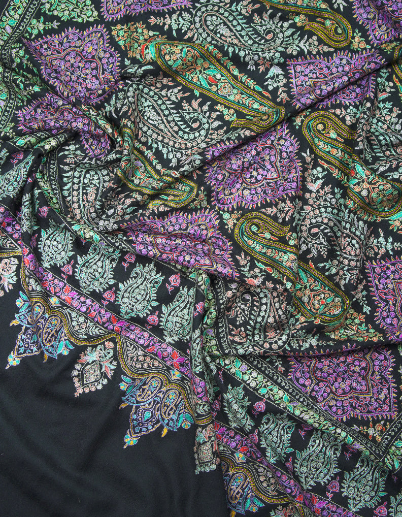 jet black mens XL GI embroidery pashmina shawl 9406