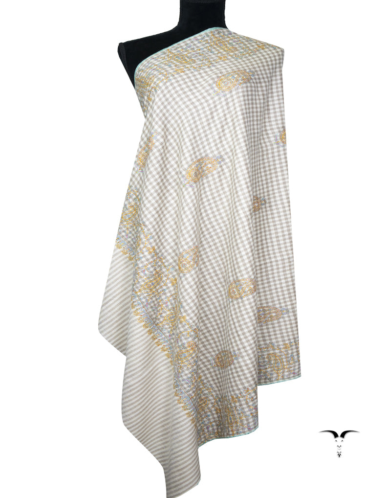 off white checked butis GI embroidery pashmina shawl 9410