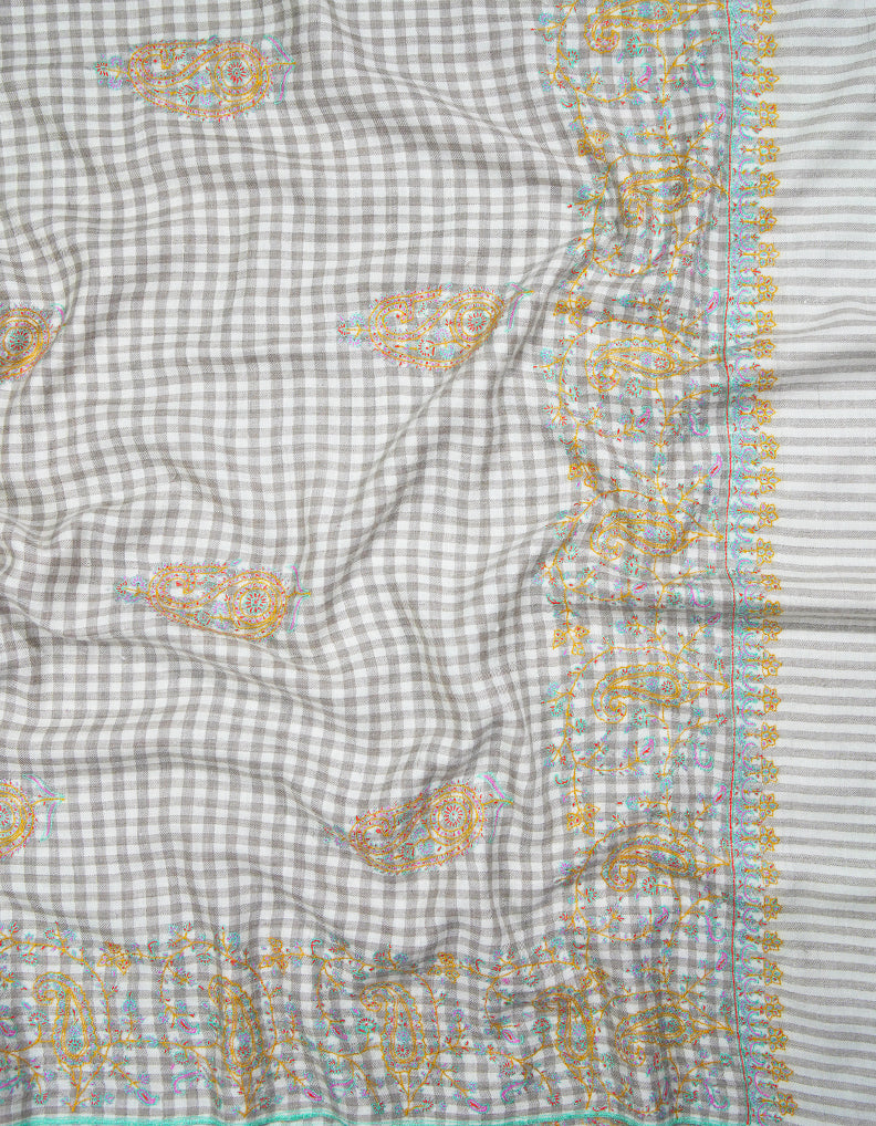 off white checked butis GI embroidery pashmina shawl 9410