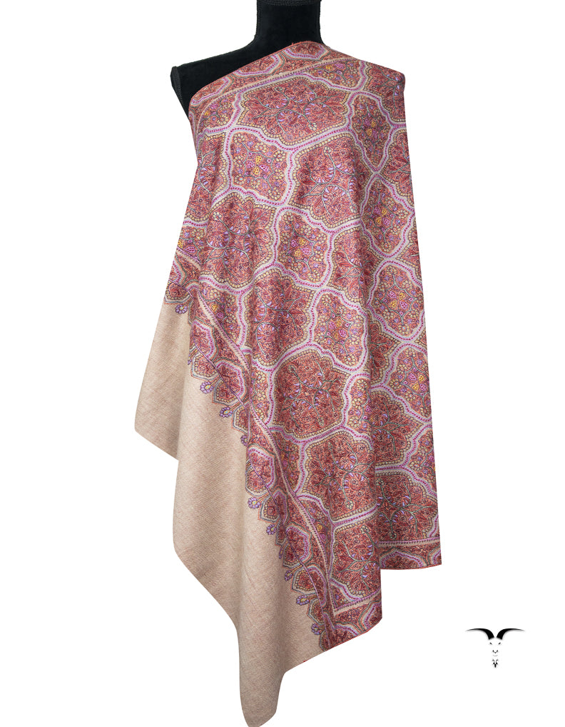 Natural and indian red reversible GI embroidery pashmina shawl 9419