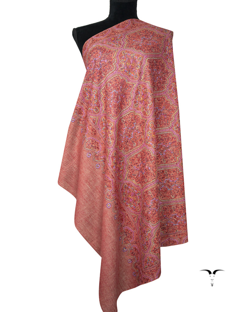 Natural and indian red reversible GI embroidery pashmina shawl 9419