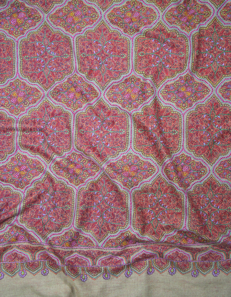 Natural and indian red reversible GI embroidery pashmina shawl 9419