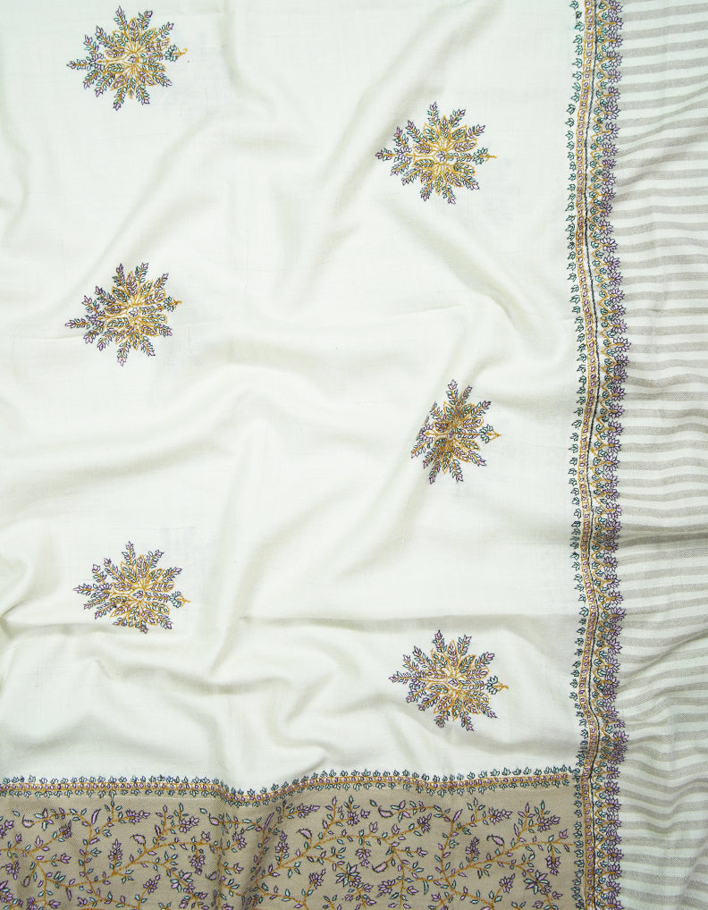 pure white butis GI embroidery pashmina shawl 9428
