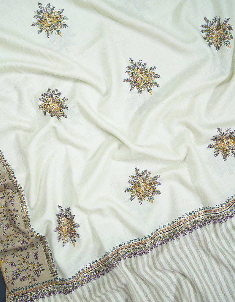 pure white butis GI embroidery pashmina shawl 9428