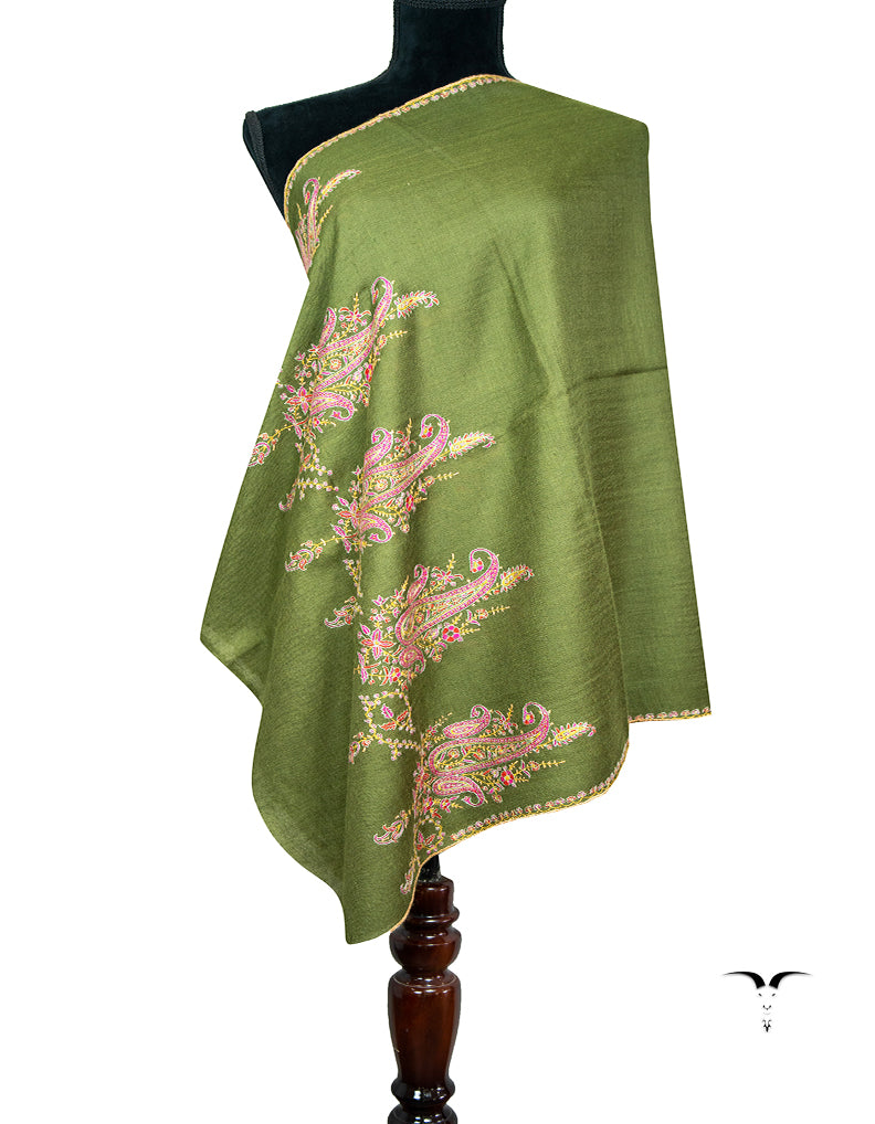 army green GI embroidery pashmina stole 9433
