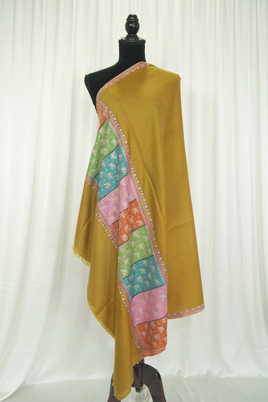 mustard GI embroidery pashmina shawl 9475
