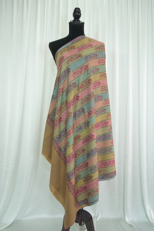 walnut brown GI striped  embroidery pashmina shawl 9482