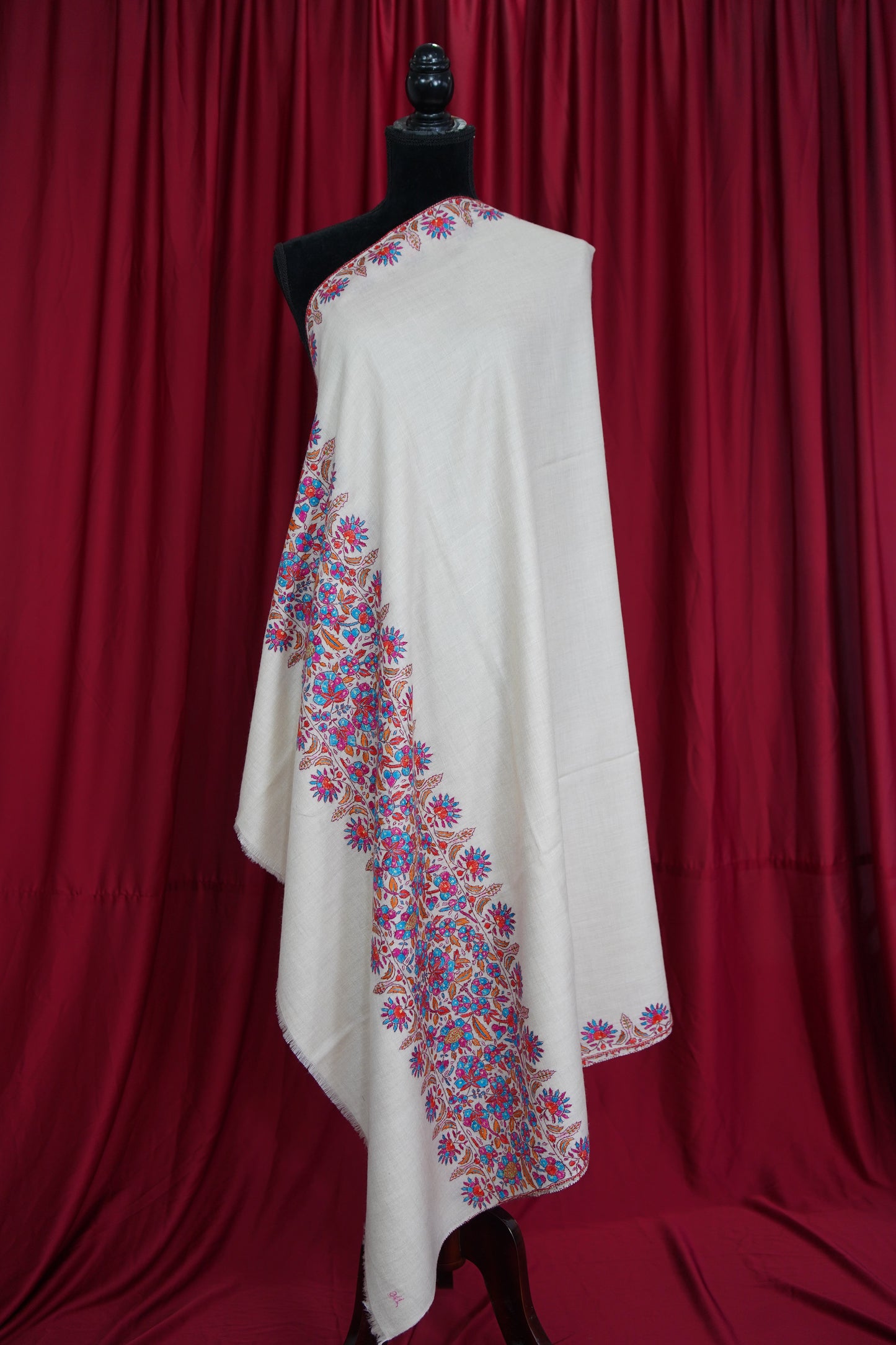 white GI embroidery pashmina shawl 9486