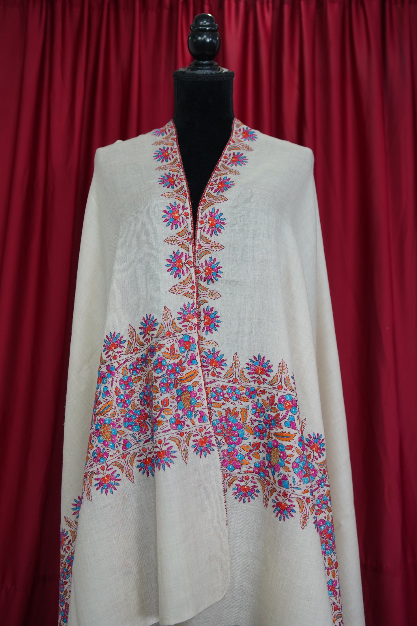 white GI embroidery pashmina shawl 9486