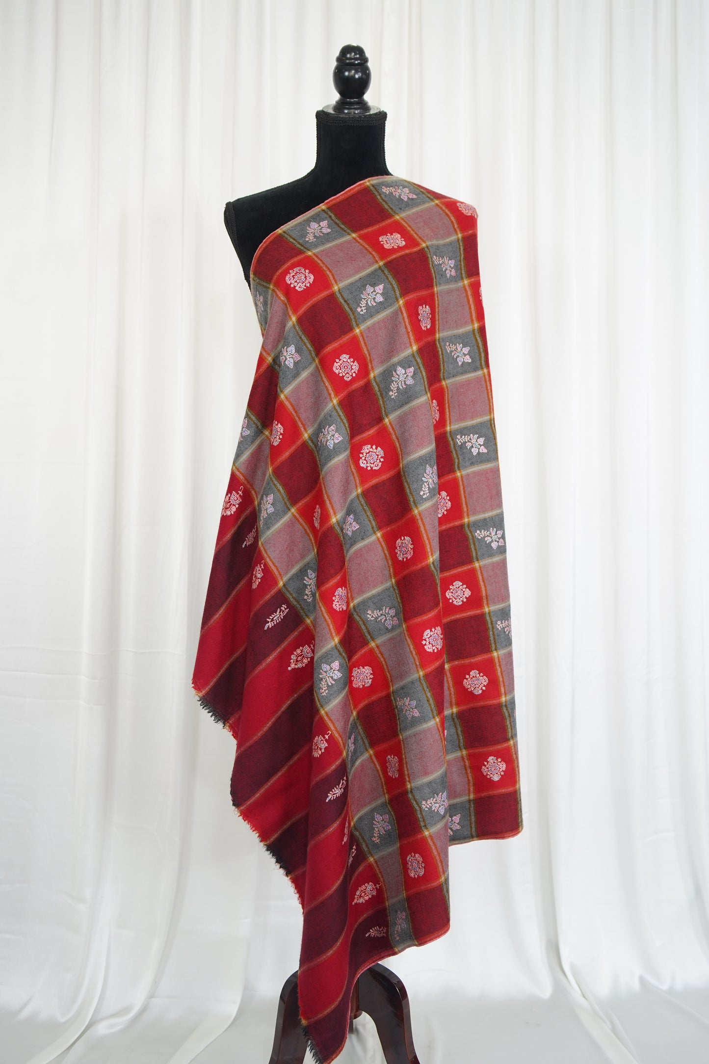 multicoloured checked GI embroidery pashmina shawl 9512