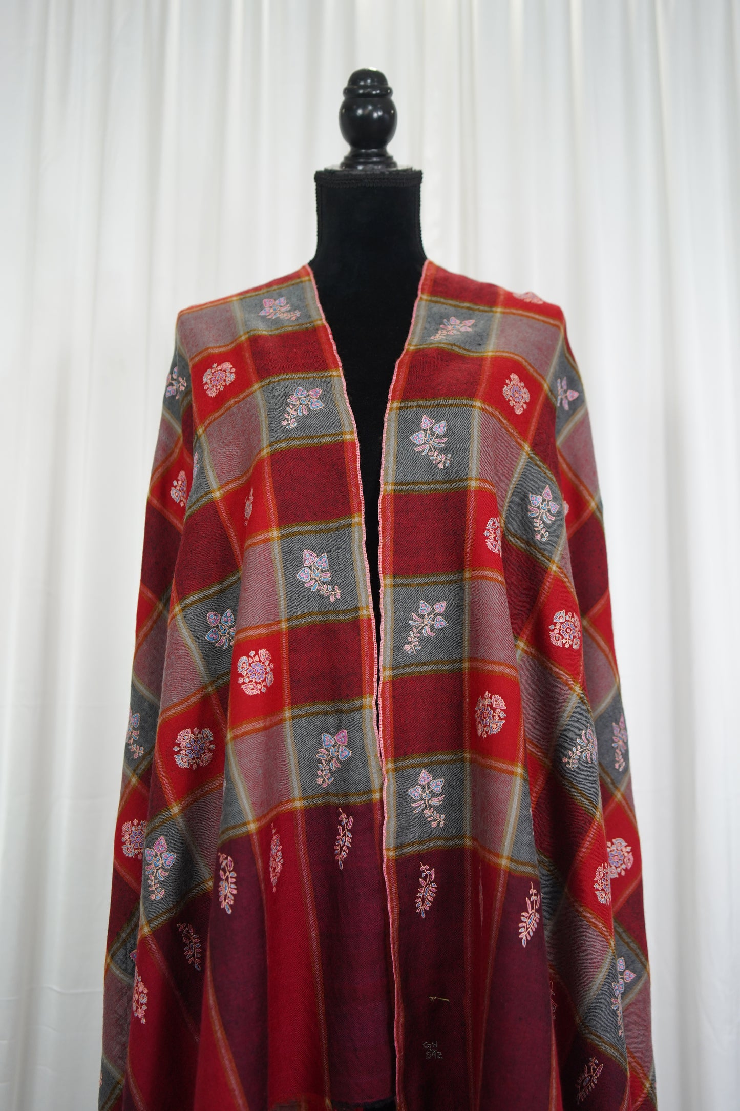 multicoloured checked GI embroidery pashmina shawl 9512
